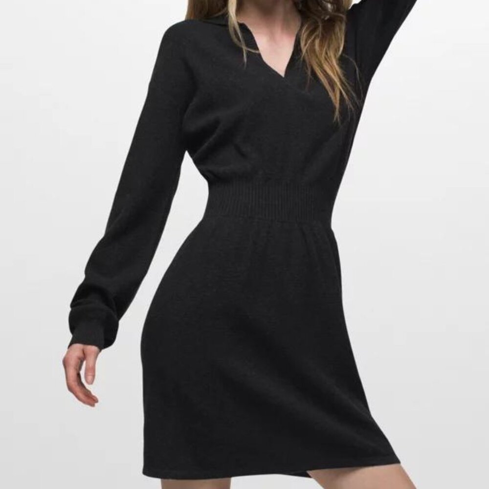 NWT Prana Milani V-Neck Sweater Knit Dress in Black Size Small